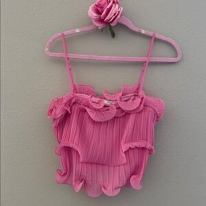 Pink Ruffled Pleated Spaghetti Strap Top